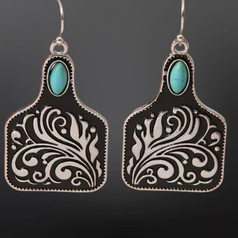 Cow Tag Earrings - Western Floral Pattern