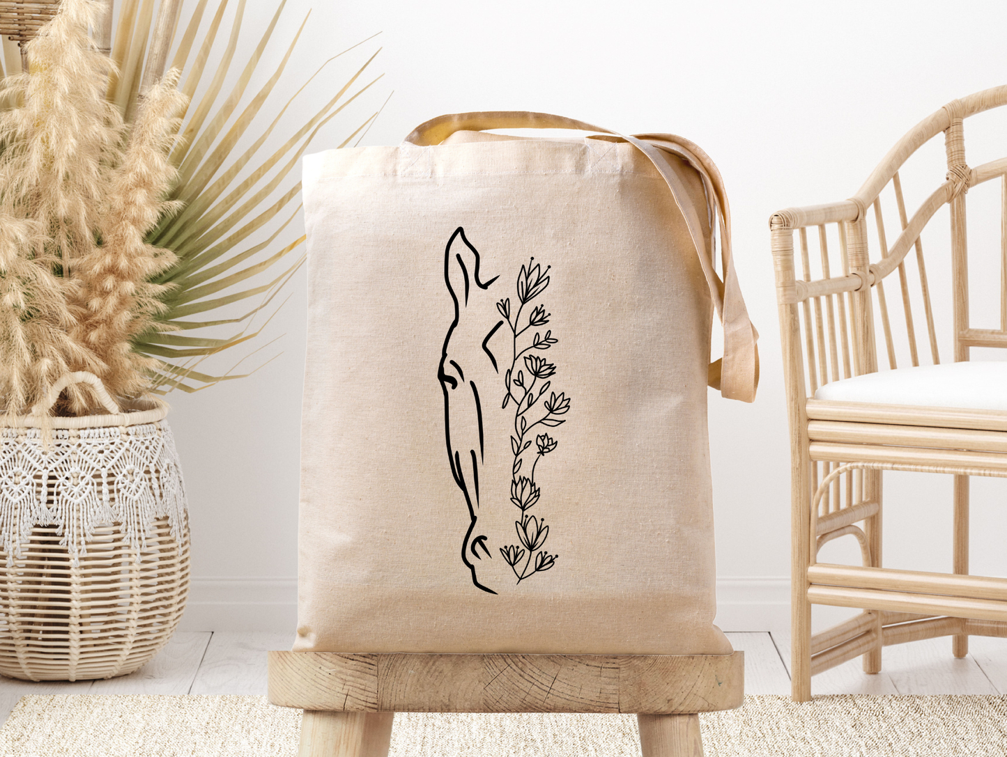 Floral Horse Head -Line Drawing- Canvas Tote Bag