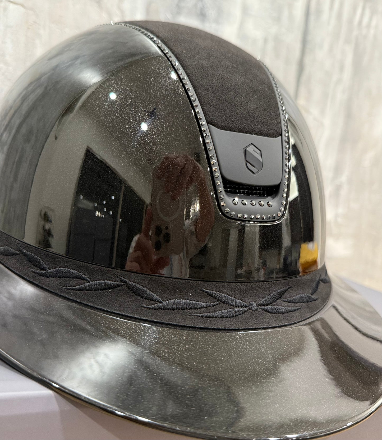 Helmet V2 Miss Glossy - Alcantara - 356 Swarovski Crystal Rails - Black Matt Blazon - Alcantara Top, 5 Jet Hematite Swarovski Crystal - Samshield 2.0 Custom - MSG356ALCE