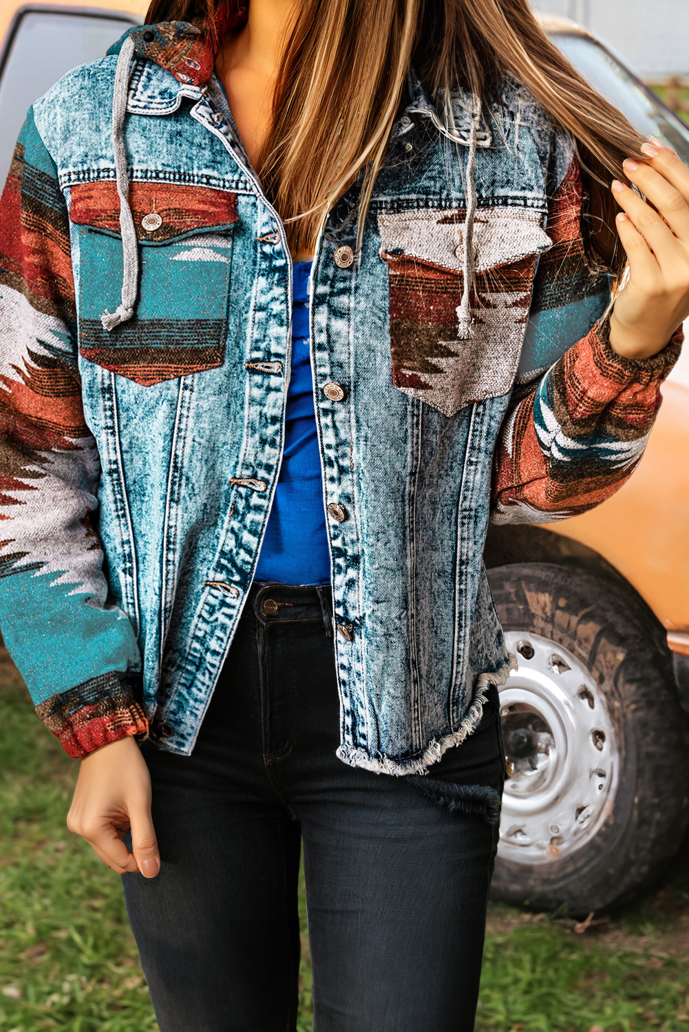 Fashion-W Western Print Frayed Hem Denim Jacket: Multicolor / XS