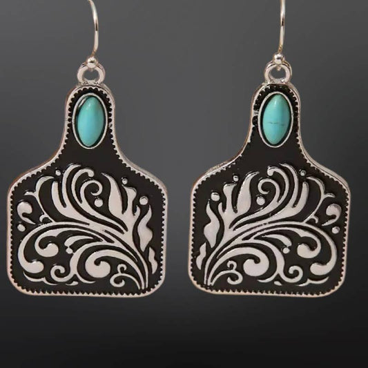 Cow Tag Earrings - Western Floral Pattern