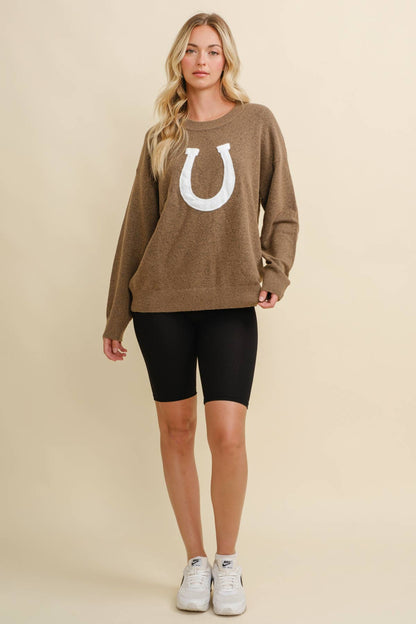 CSW13668 - HORSE SHOE PULLOVER SWEATER: Beige / S