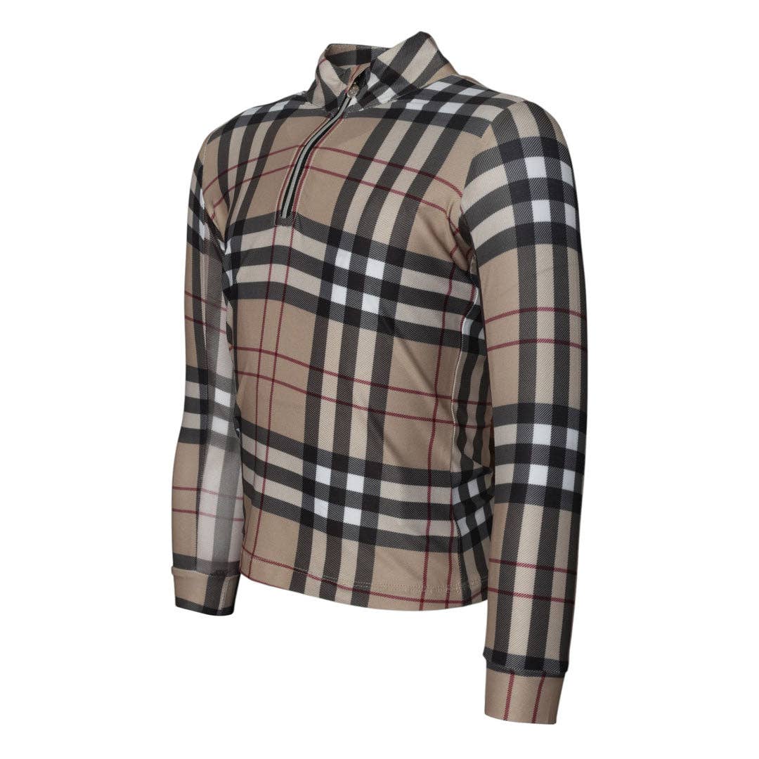 Dapplebay Holiday Plaid Kid's 1/4 Zip Riding Top-Tan: Tan / 10-12