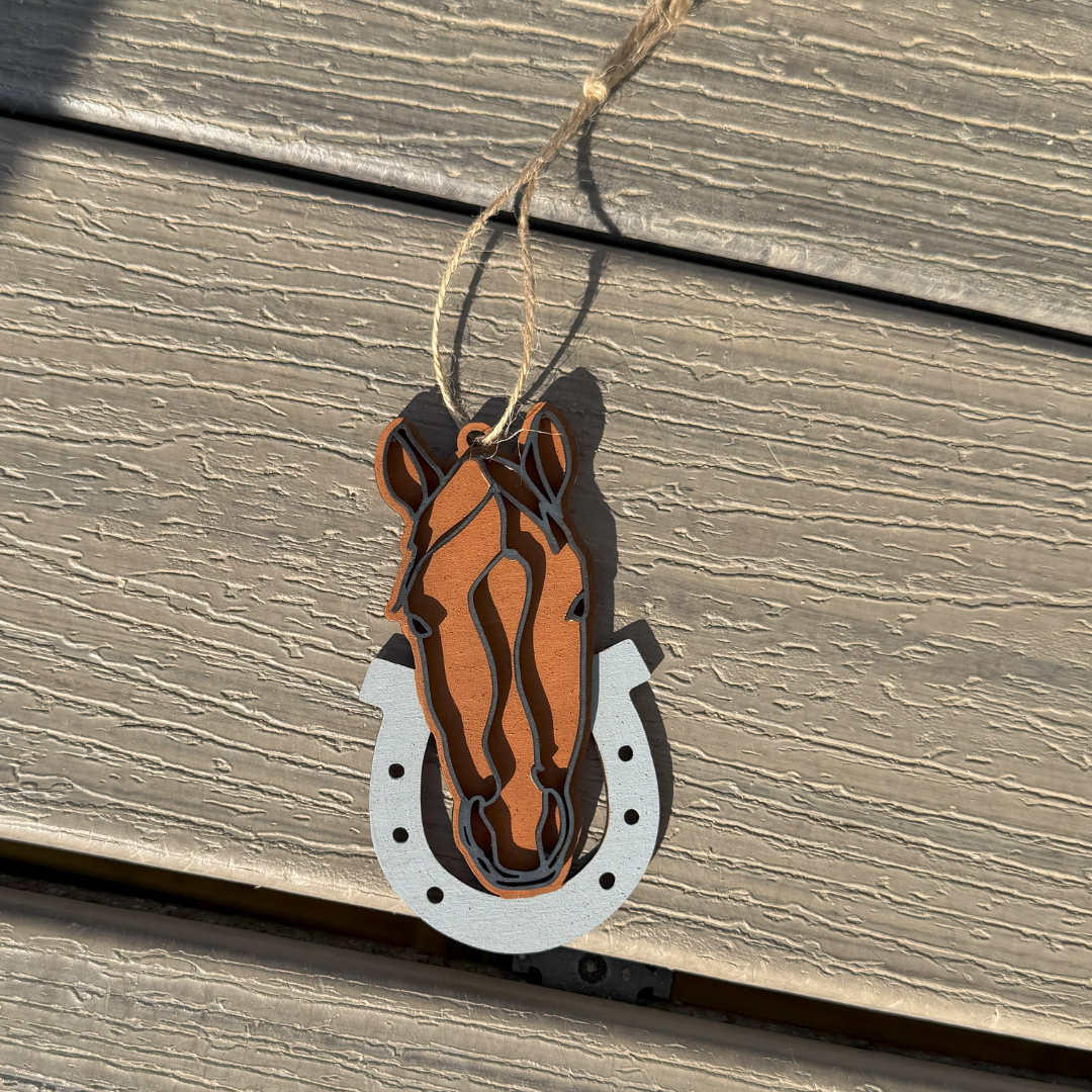 Wooden Line Art Horse Head Christmas Ornament: Brown Horse on White