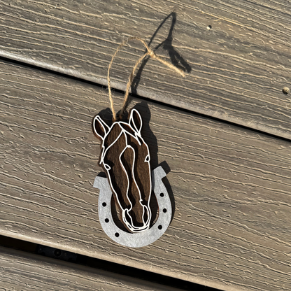 Wooden Line Art Horse Head Christmas Ornament: Brown Horse on White