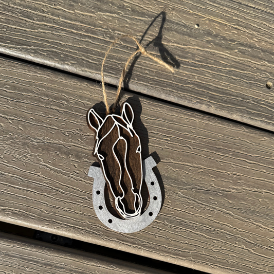 Wooden Line Art Horse Head Christmas Ornament: White Horse on Brown