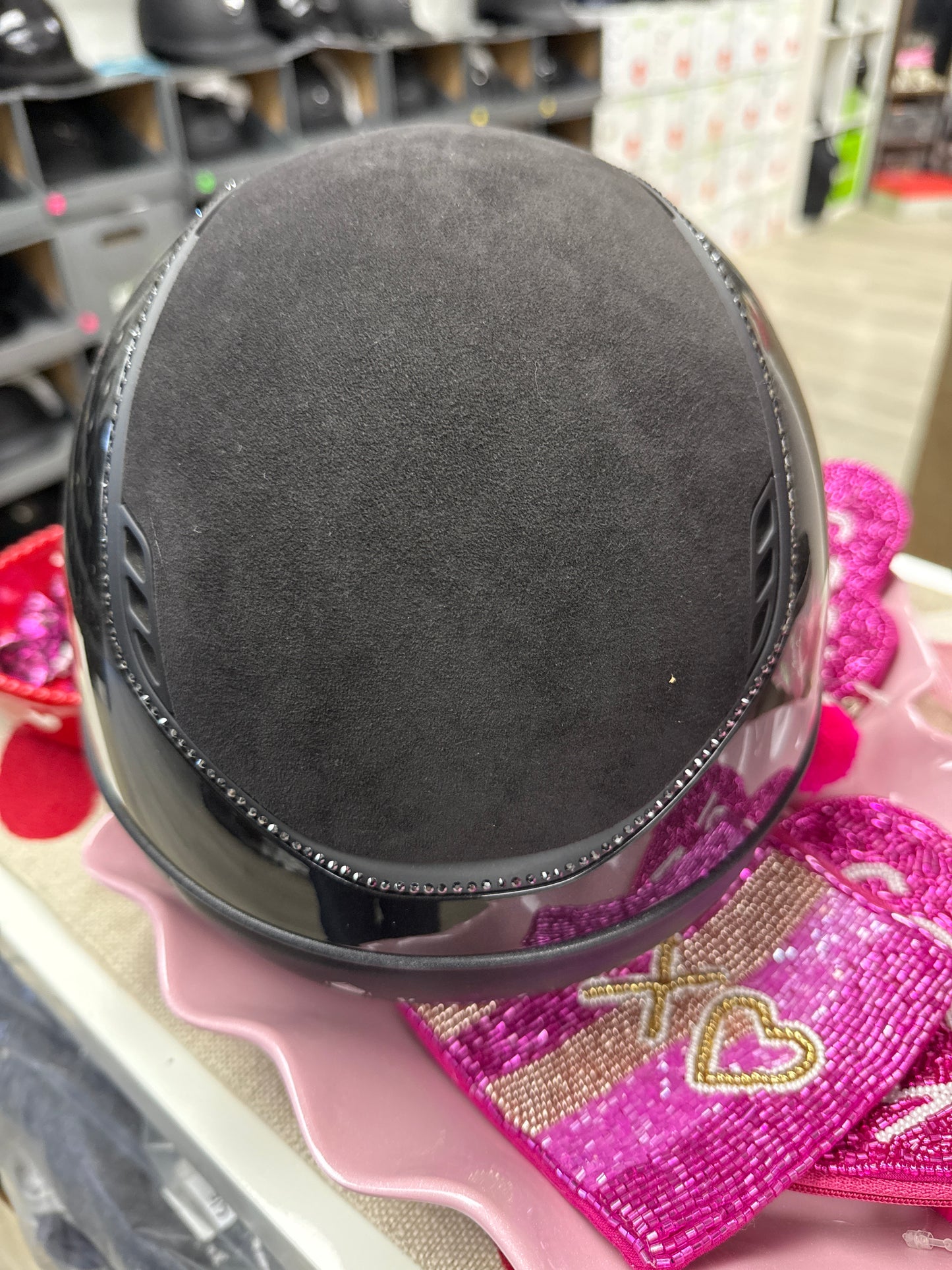 Helmet V2 Miss Glossy Black - Alcantara - 356 Black Swarovski Crystal - 5 Jet Hematite Swarovski Crystal - Samshield Custom 2.0 - MSG356ALCEC
