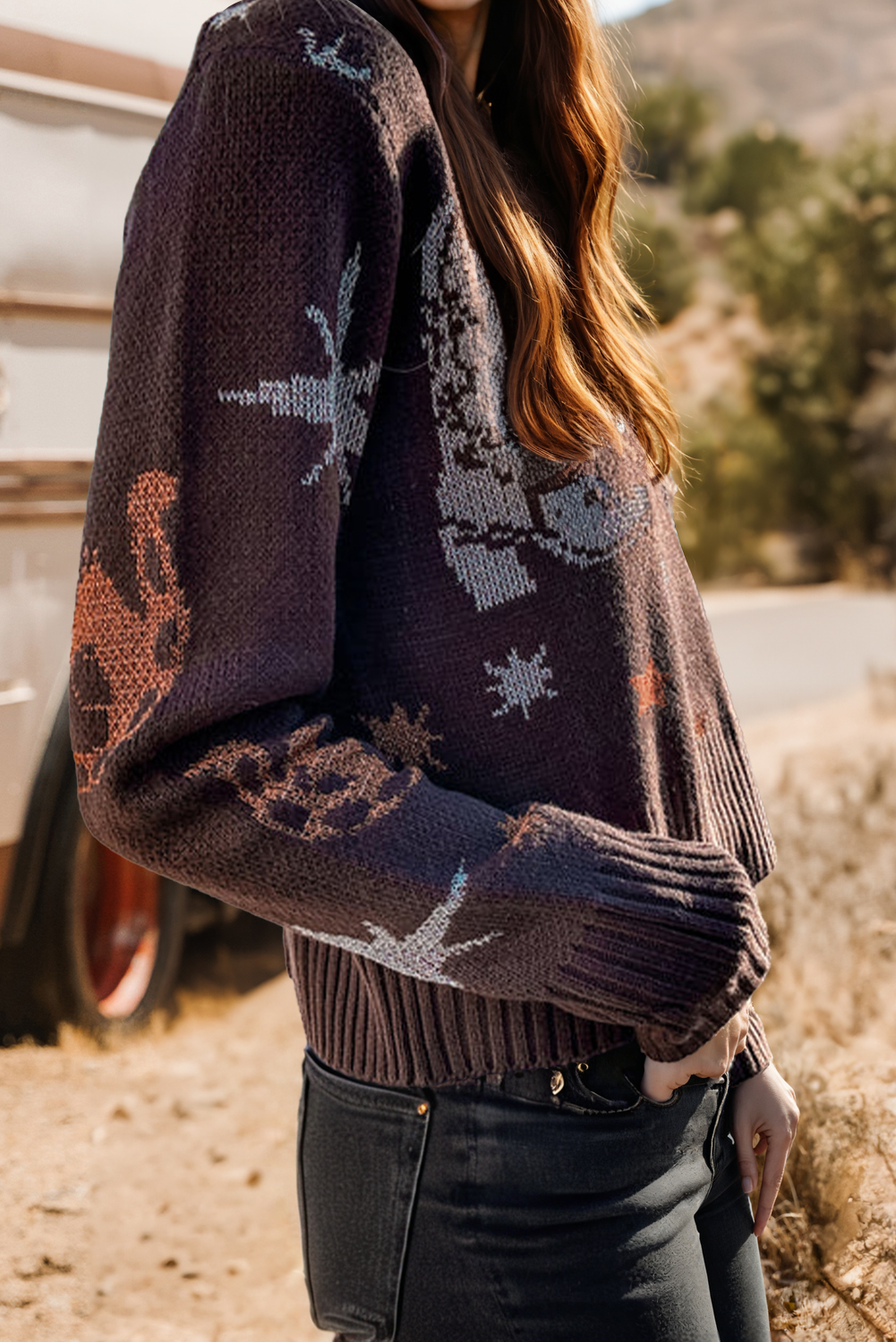 Fashion-W Western Cowgirl Fashion Print Casual Sweater : Brown / L