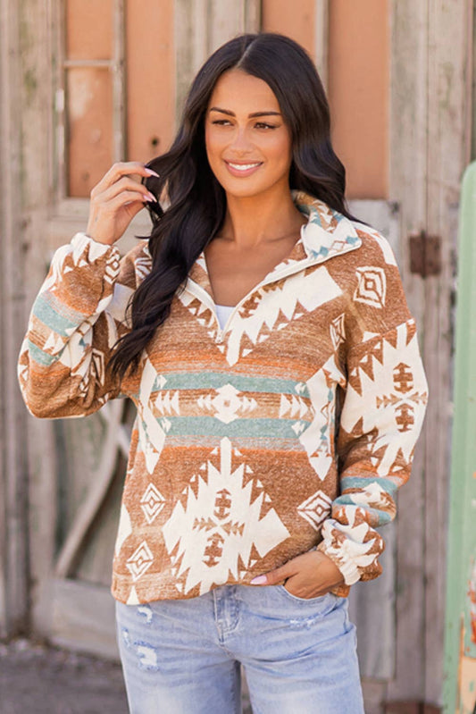 Fashion-W Western Quarter Zip Elastic Cuffs Sweatshirt: As shown / Missy / L