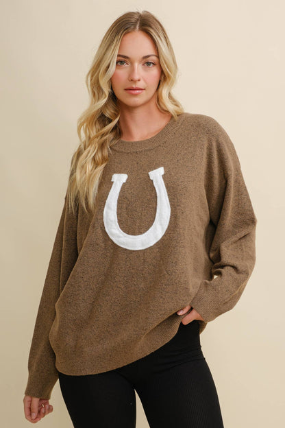CSW13668 - HORSE SHOE PULLOVER SWEATER: Beige / S