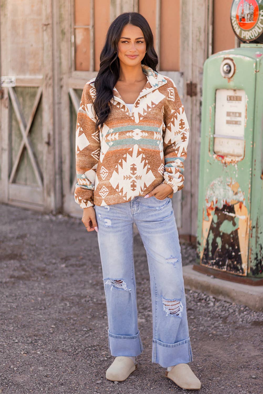 Fashion-W Western Quarter Zip Elastic Cuffs Sweatshirt: As shown / Missy / L