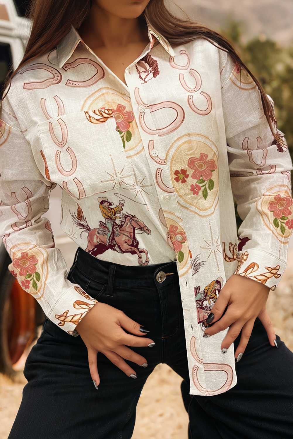 Fashion-W Western Pattern Button-up Loose Shirt: White / L