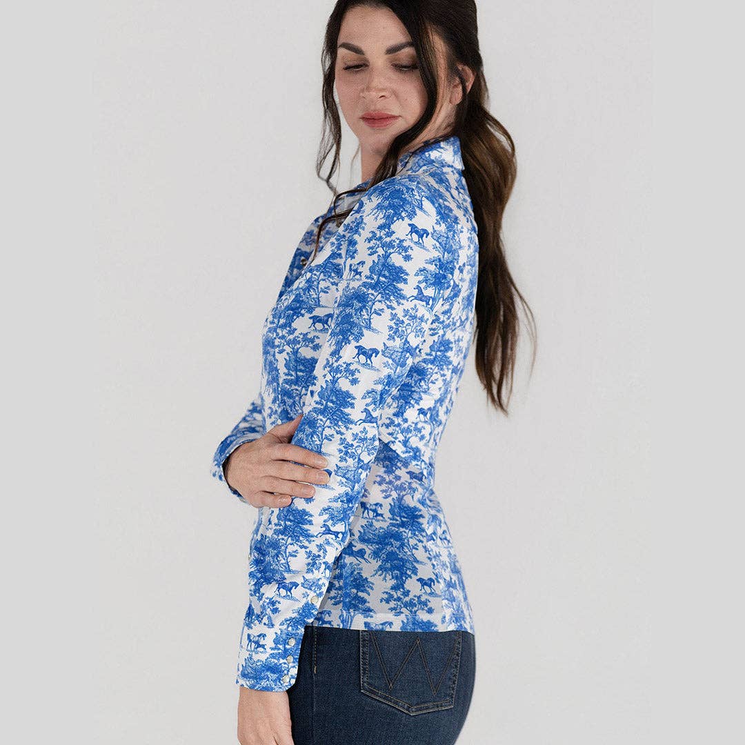 Dapplebay Equestrian Toile Button Down Western Shirt-Blue/White: Blue/White / XXL