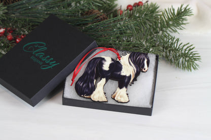 Black Tobiano Gypsy Cob Horse Christmas Ornament Decoration