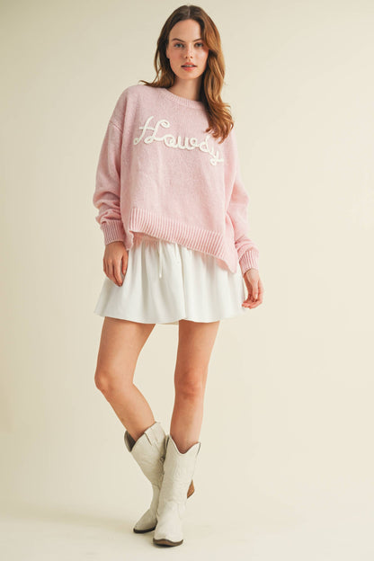 CSW10287Y - "HOWDY" EMBROIDERED KNIT SWEATER: Baby Pink / L