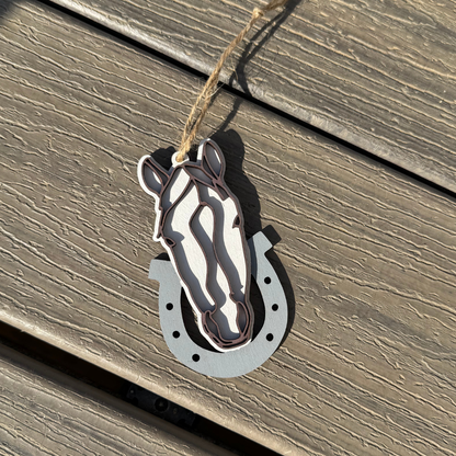 Wooden Line Art Horse Head Christmas Ornament: Brown Horse on White