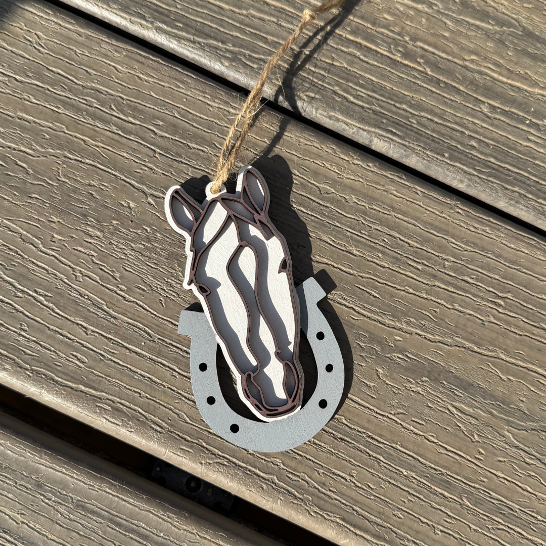 Wooden Line Art Horse Head Christmas Ornament: Black Horse on Brown