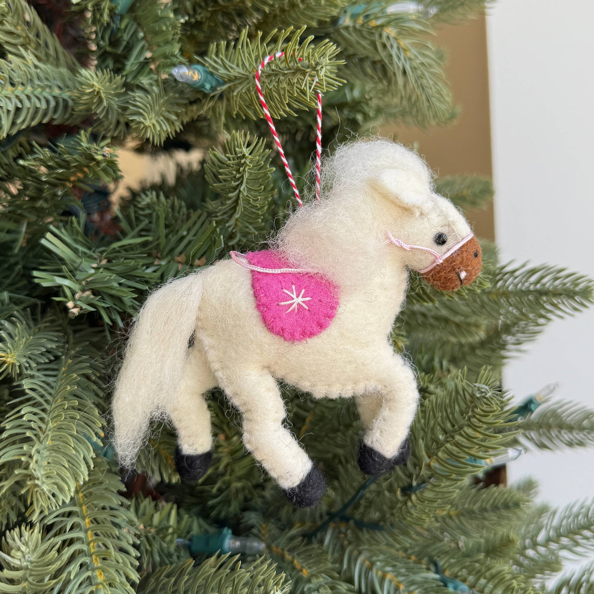 Prancing Pony, White, Felt Wool Christmas Ornament