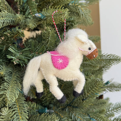 Prancing Pony, White, Felt Wool Christmas Ornament