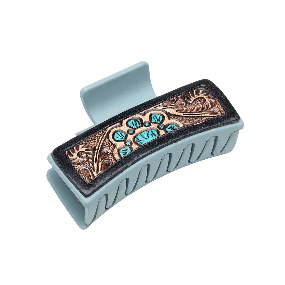 Cactus Bloom Ridge Hair Comb Clip: Turquoise Embossed