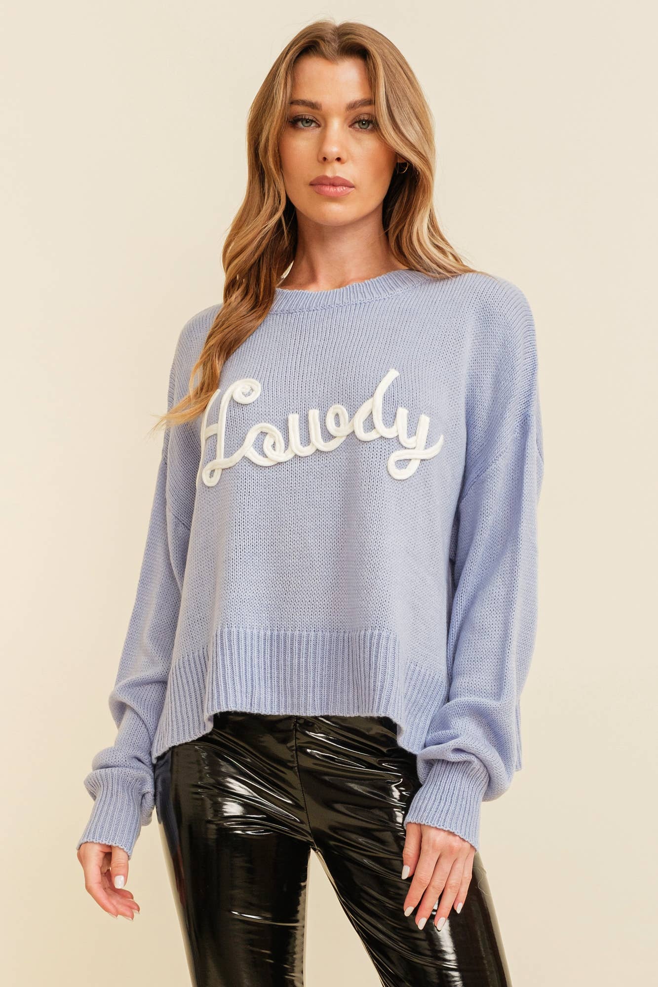 CSW10287Y - "HOWDY" EMBROIDERED KNIT SWEATER: Tan / M