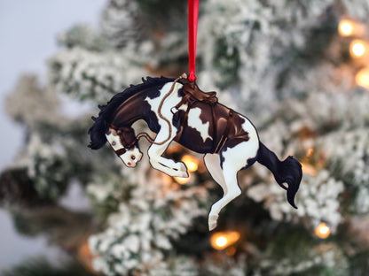 Bay Tobiano Bucking Rodeo Christmas Ranch Horse Ornament
