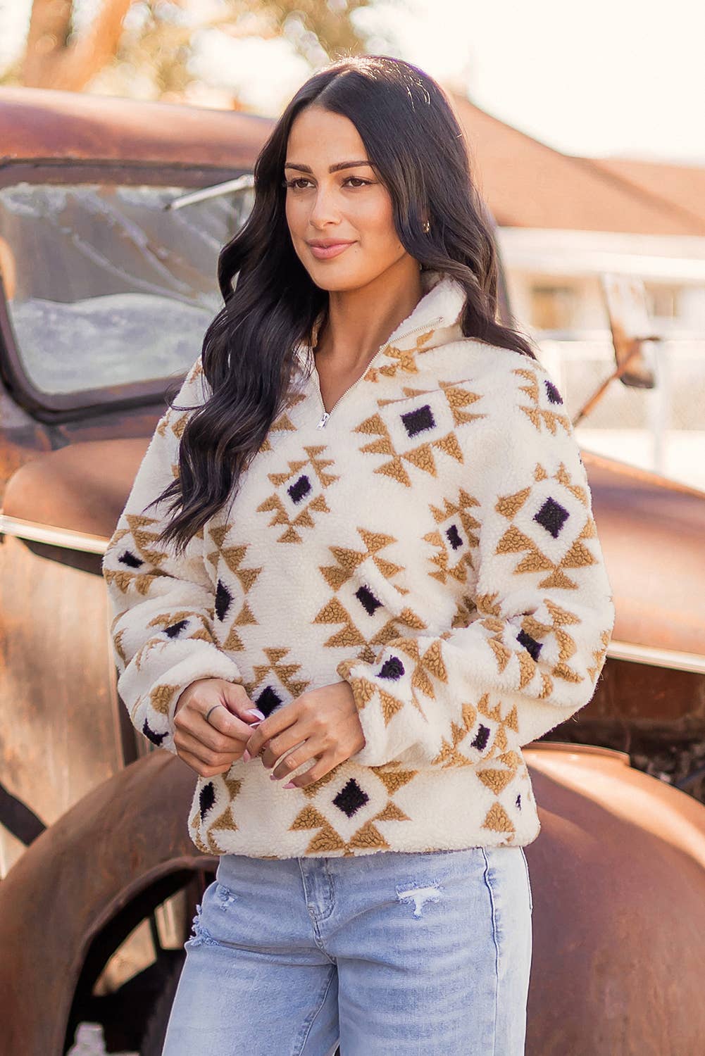Fashion-W Western Sherpa Quarter Zip Collar Sweatshirt: As shown / Missy / XL