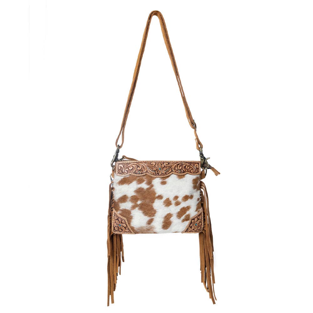 Bourbon Trail Handtooled Bag for Women in brown with hairon and fringe detail: Brown & White