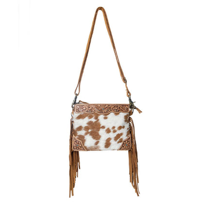 Bourbon Trail Handtooled Bag for Women in brown with hairon and fringe detail: Brown & White