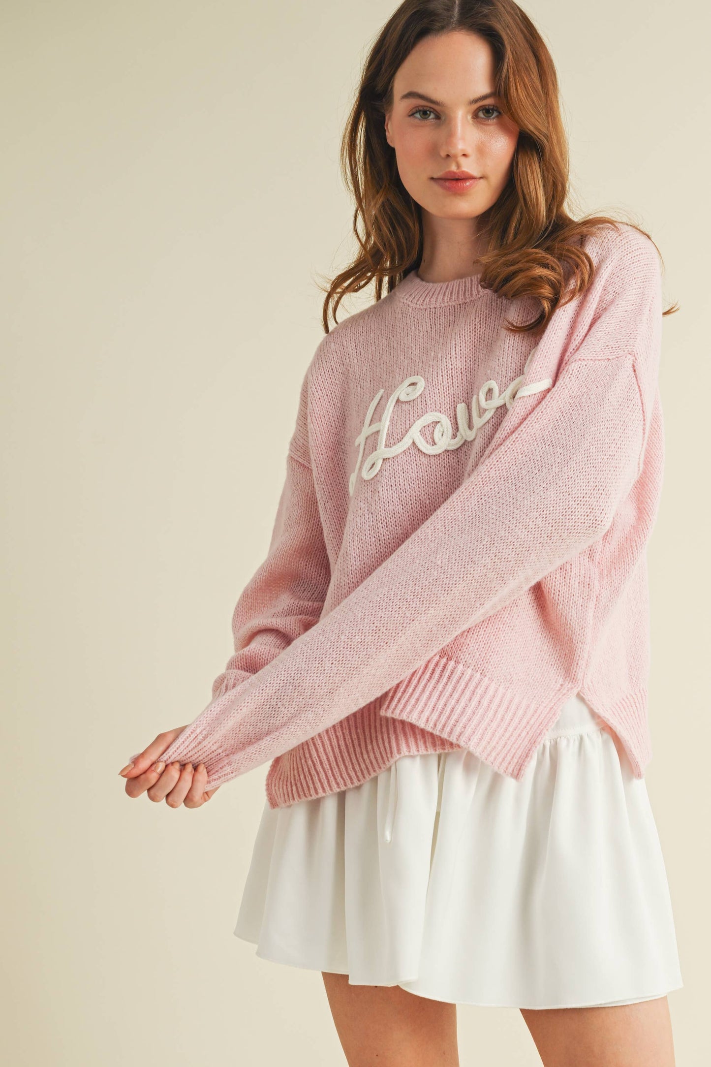 CSW10287Y - "HOWDY" EMBROIDERED KNIT SWEATER: Baby Pink / M