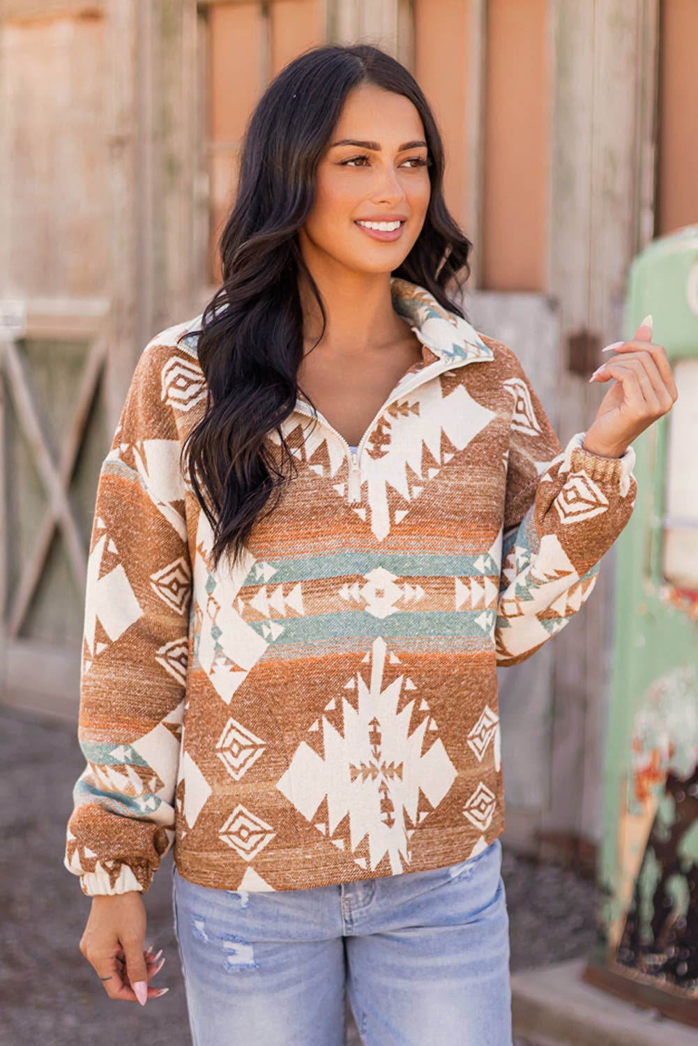 Fashion-W Western Quarter Zip Elastic Cuffs Sweatshirt: As shown / Missy / M