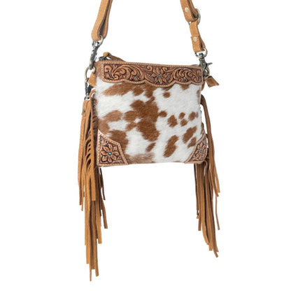 Bourbon Trail Handtooled Bag for Women in brown with hairon and fringe detail: Brown & White