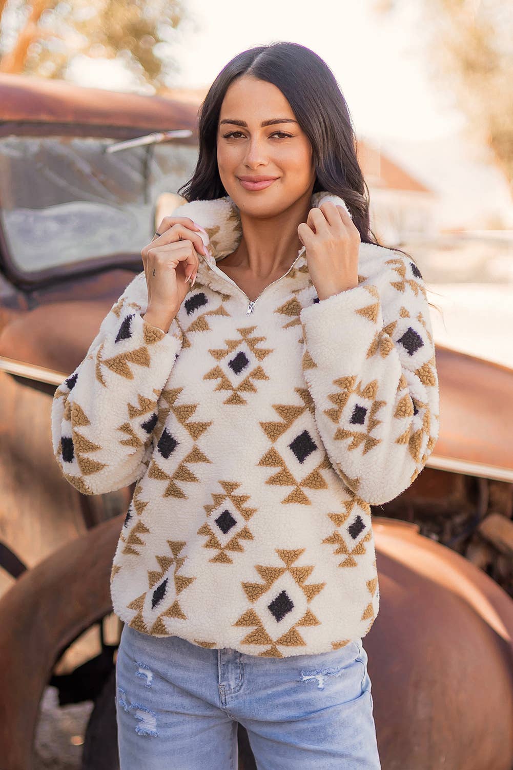 Fashion-W Western Sherpa Quarter Zip Collar Sweatshirt: As shown / Missy / L