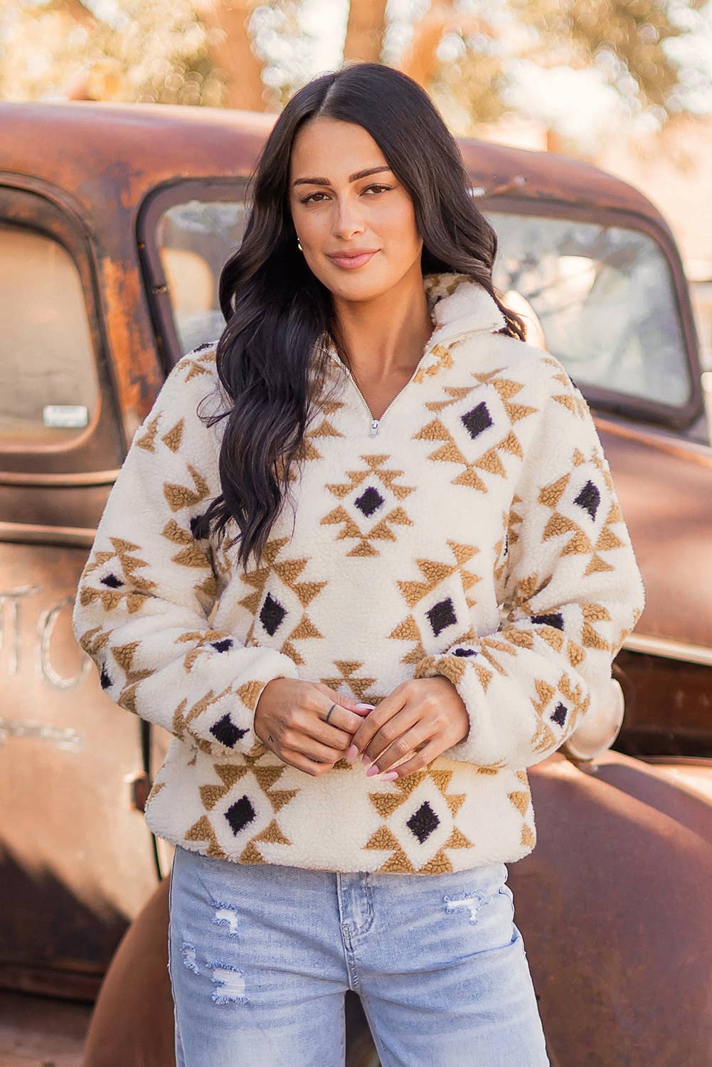 Fashion-W Western Sherpa Quarter Zip Collar Sweatshirt: As shown / Missy / M