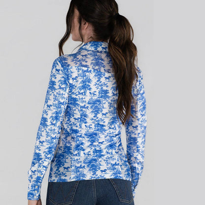 Dapplebay Equestrian Toile Button Down Western Shirt-Blue/White: Blue/White / XXL