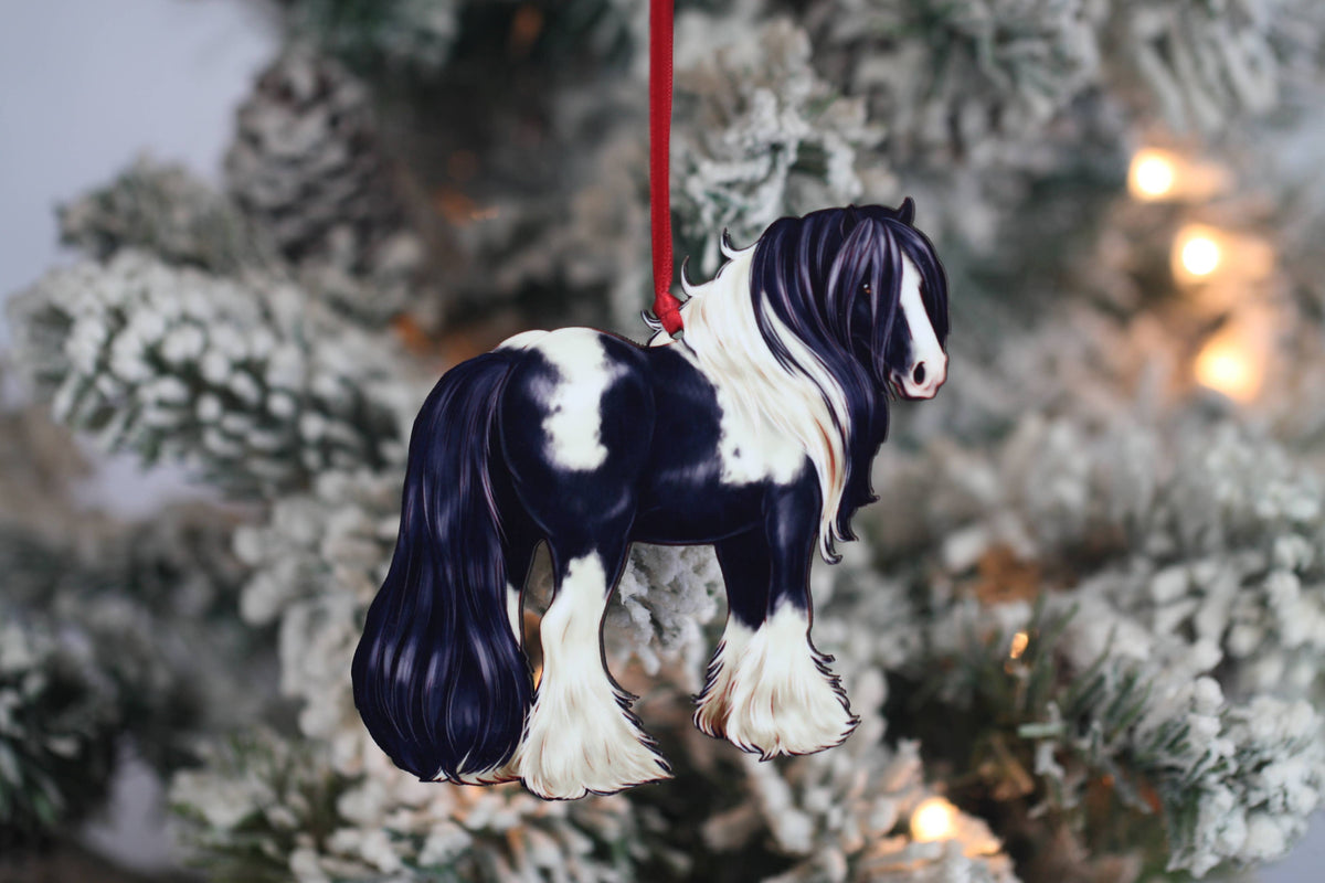 Black Tobiano Gypsy Cob Horse Christmas Ornament Decoration