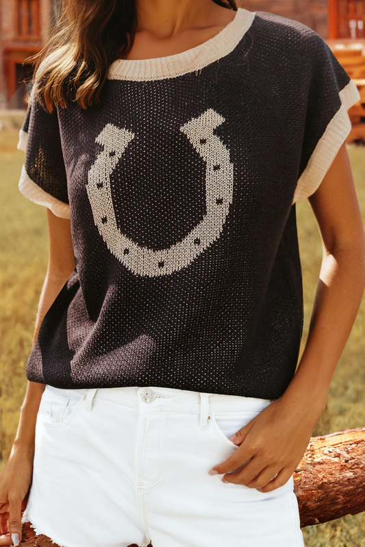 Western Horse Shoe Contrast Trim Short Sleeve Sweater: Black / L