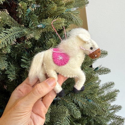 Prancing Pony, White, Felt Wool Christmas Ornament