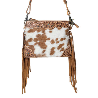 Bourbon Trail Handtooled Bag for Women in brown with hairon and fringe detail: Brown & White