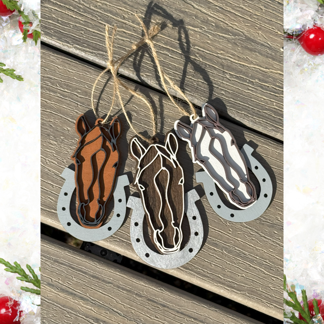 Wooden Line Art Horse Head Christmas Ornament: Brown Horse on White
