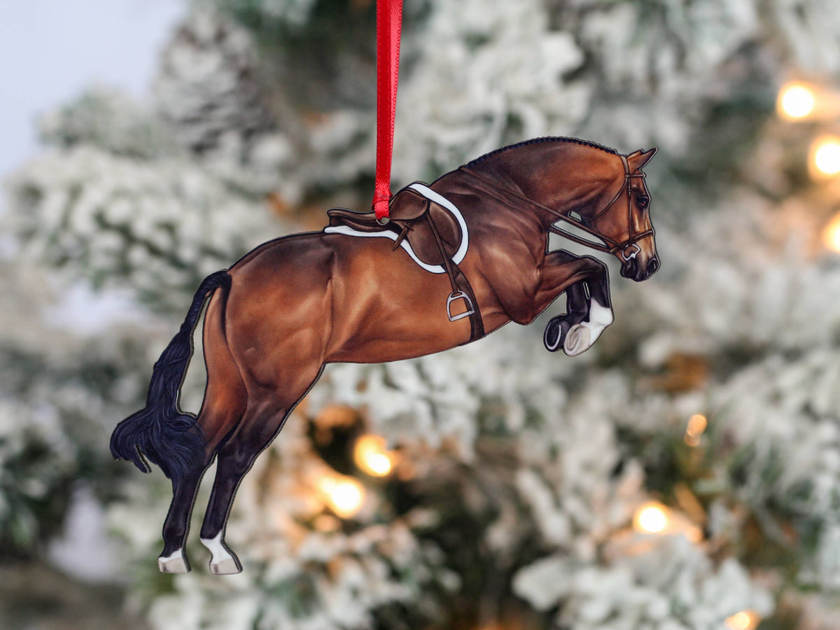 Equestrian Hunter Horse Ornament - Bay Hunter Jumper Takeoff