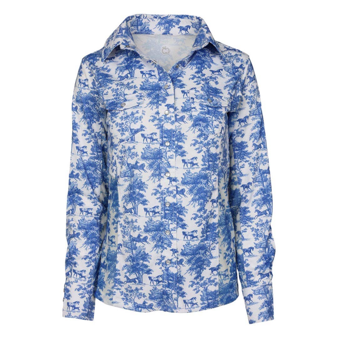 Dapplebay Equestrian Toile Button Down Western Shirt-Blue/White: Blue/White / XXL