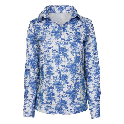 Dapplebay Equestrian Toile Button Down Western Shirt-Blue/White: Blue/White / XXL