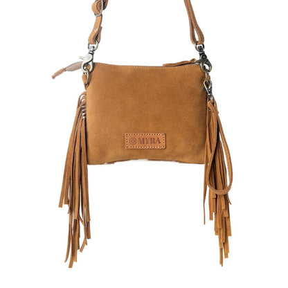 Bourbon Trail Handtooled Bag for Women in brown with hairon and fringe detail: Brown & White