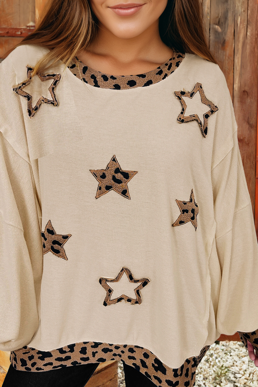 Western Leopard Star Patched Raw Seam Baggy Sweatshirt: Beige / M