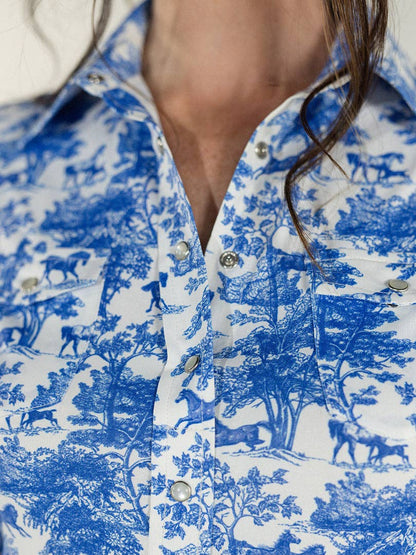 Dapplebay Equestrian Toile Button Down Western Shirt-Blue/White: Blue/White / XXL