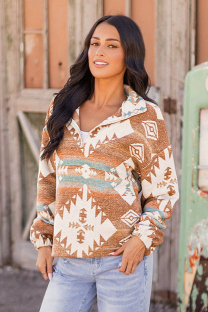 Fashion-W Western Quarter Zip Elastic Cuffs Sweatshirt: As shown / Missy / L