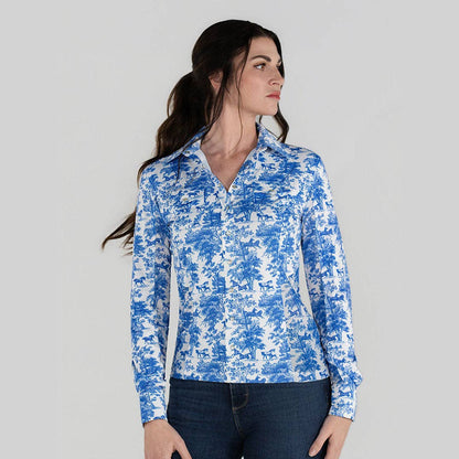 Dapplebay Equestrian Toile Button Down Western Shirt-Blue/White: Blue/White / XXL