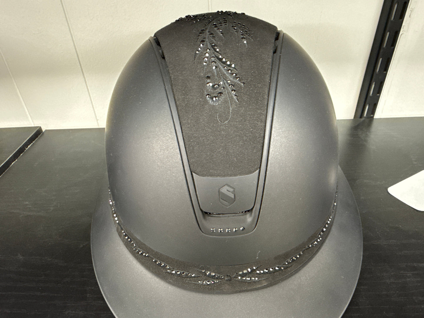 Helmet V2 Miss Matt - Crystal Flower Alcantara - Crystal Embroidery Band - Black Matt Blazon & Rails, 5 Jet Hermtite Swarovski Crystal - Samshield Custom 2.0 - MSV2CRFL