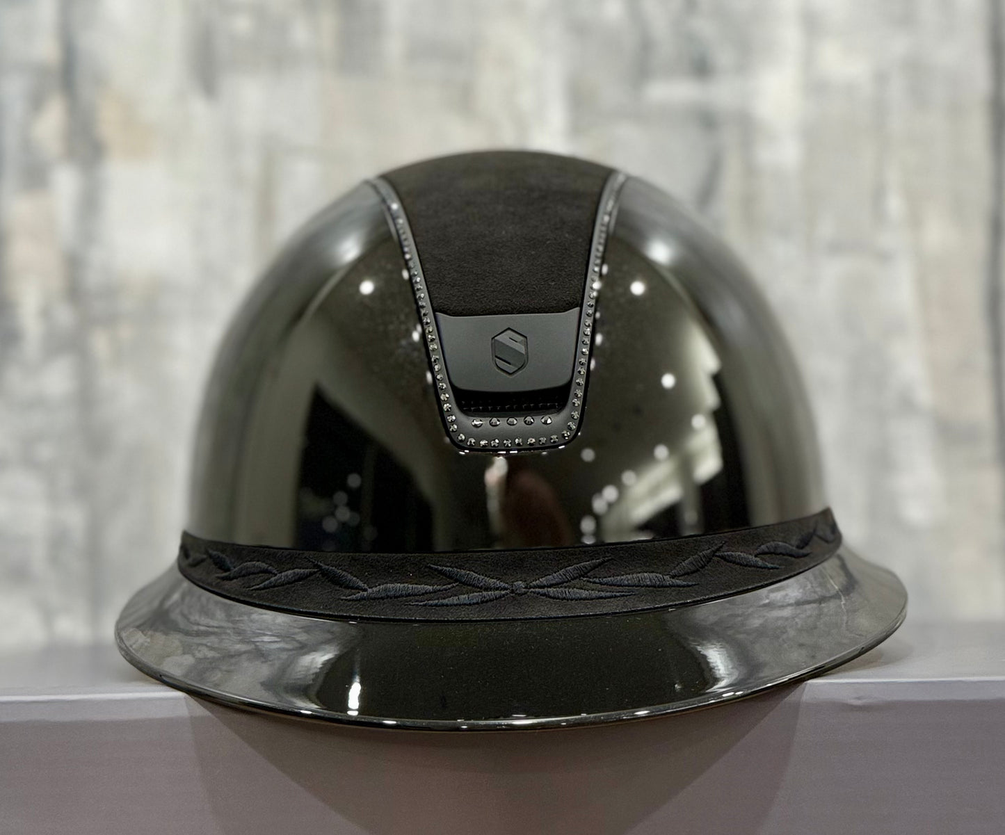 Helmet V2 Miss Glossy - Alcantara - 356 Swarovski Crystal Rails - Black Matt Blazon - Alcantara Top,  5 Jet Hematite Swarovski Crystal - Samshield 2.0 Custom - MSG356ALCE